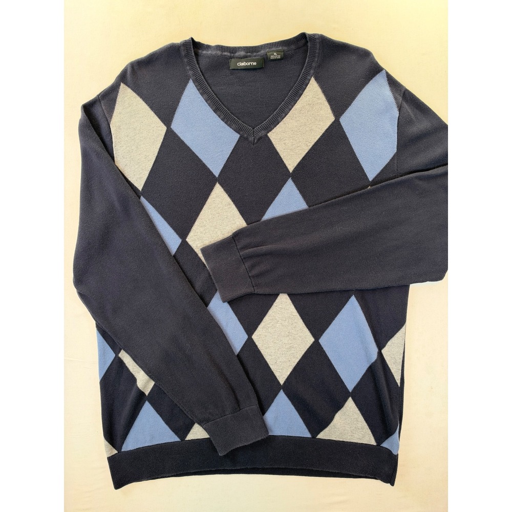 Claiborne Mens XL Argyle V-Neck Sweater Navy Blue Grey 100% Cotton Pullover